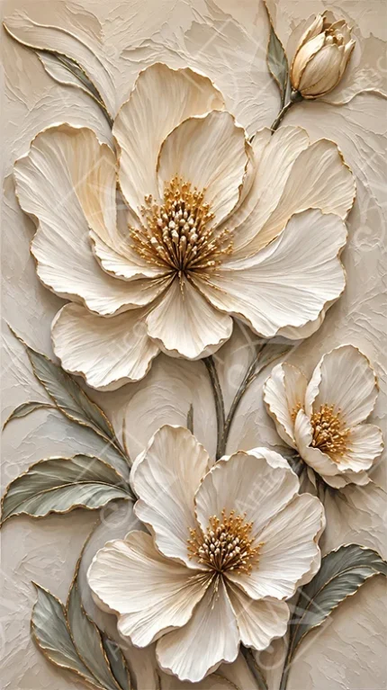 3D textured white peony flowers illustration with gold edges on beige background