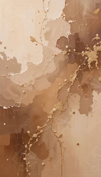 Abstract beige and brown fluid painting with gold splashes texture illustration