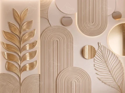 3D modern abstract artwork with golden palm leaves and arch shapes