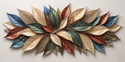 Elegant metallic colorful leaves arrangement artwork on light gray background