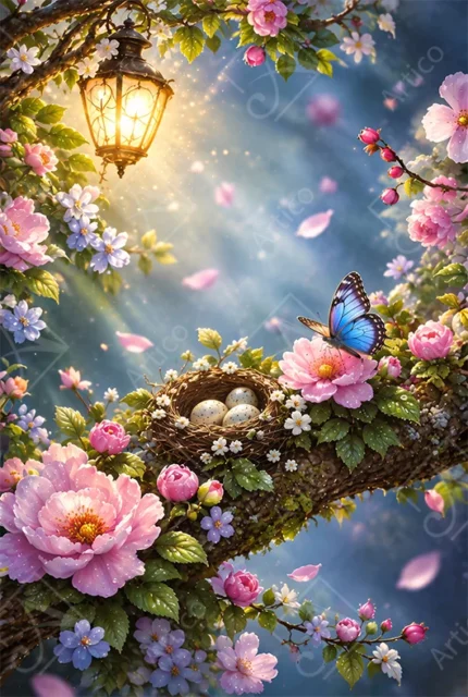 Enchanted spring garden tree branch with bird nest butterfly and lantern