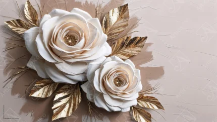 3D white roses illustration with golden leaves on textured beige background