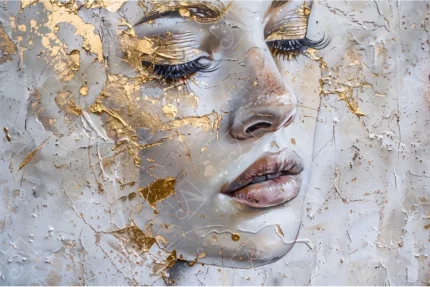 Abstract 3D woman face portrait with gold foil leaf textures illustration