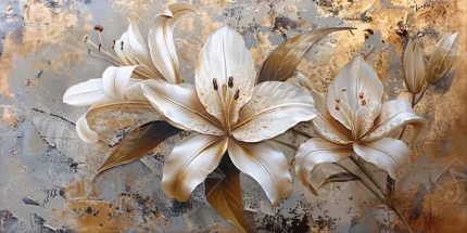 3D white lily flowers illustration on gold abstract textured foil background