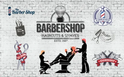 Vintage barbershop logos and beauty salon silhouettes on a white brick background