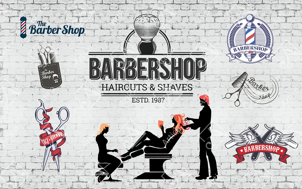 Vintage barbershop logos and beauty salon silhouettes on a white brick background
