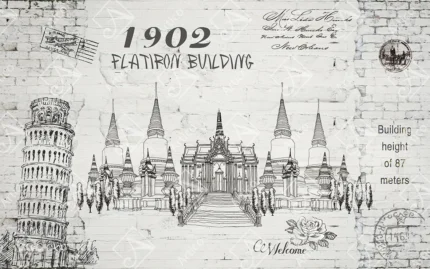 Vintage architectural landmark sketches on a white brick background