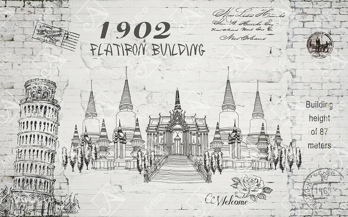 Vintage architectural landmark sketches on a white brick background