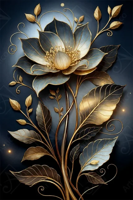 Blue and gold floral illustration on a dark navy background