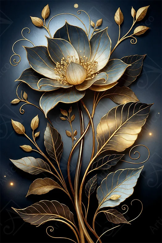 Blue and gold floral illustration on a dark navy background