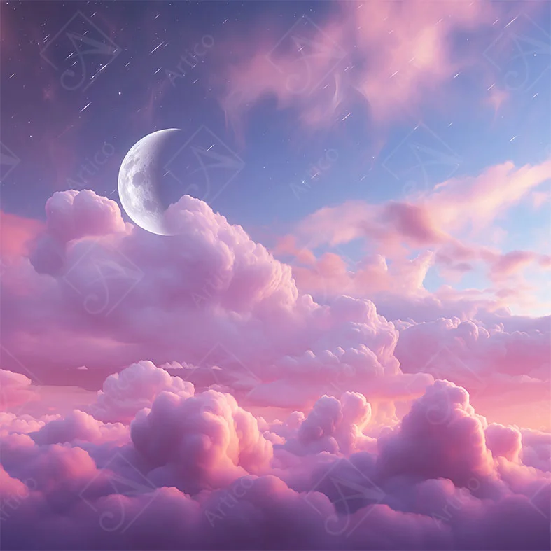 Crescent moon above pink clouds in a purple starry sky