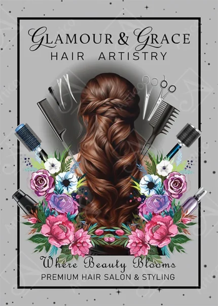 Floral hair salon poster with brunette curls and styling tools