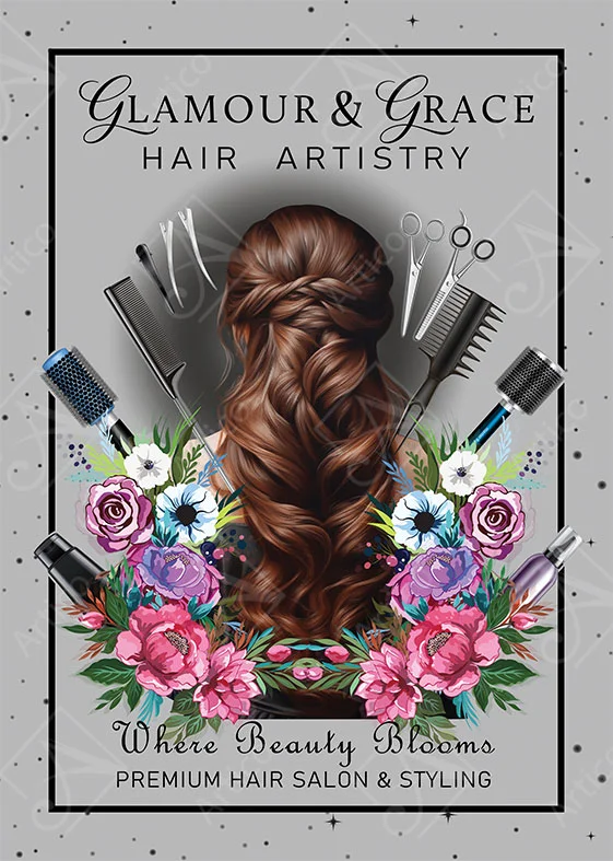 Floral hair salon poster with brunette curls and styling tools