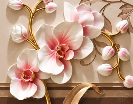 White and pink orchids with golden stems on a beige background