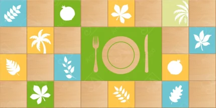 Plate and cutlery illustration with botanical motifs in a colorful grid