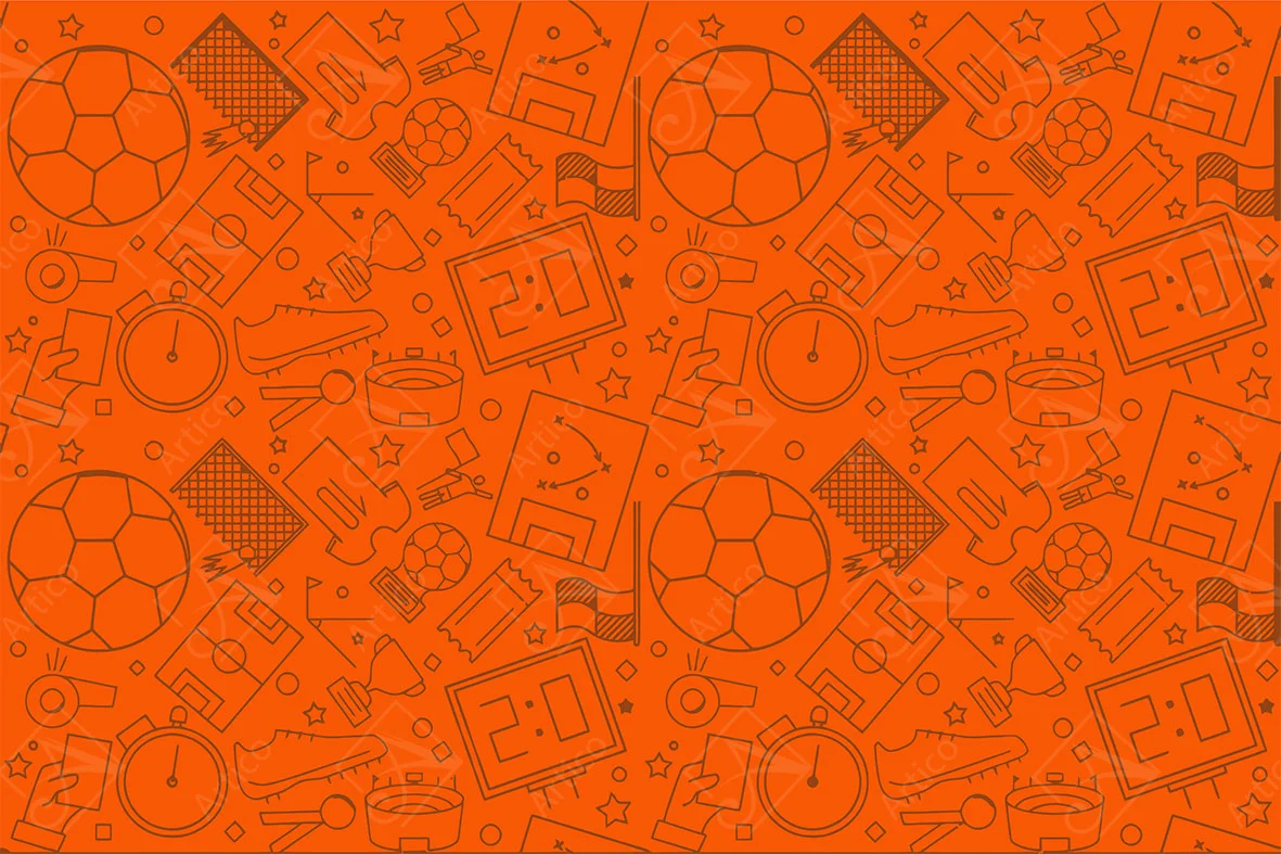 Orange soccer doodle pattern with balls and scoreboards