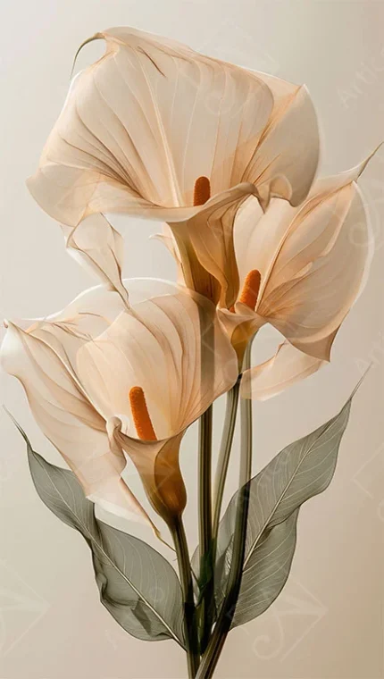 Translucent ivory calla lilies with green leaves on beige