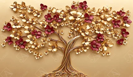 3D golden tree artwork with burgundy cherry blossom flowers illustration background