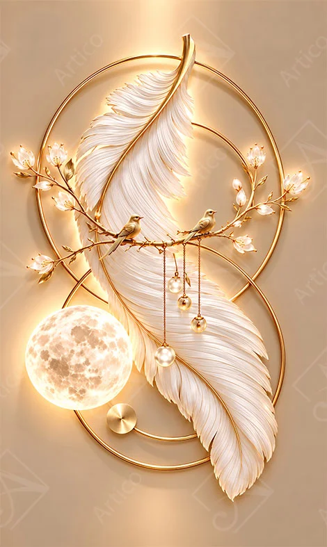 3D golden feather artwork with birds glowing moon and hanging pendants