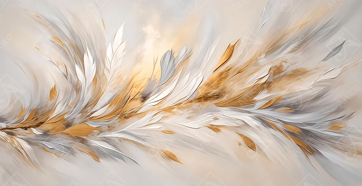 Abstract white and gold feathers on a warm beige background