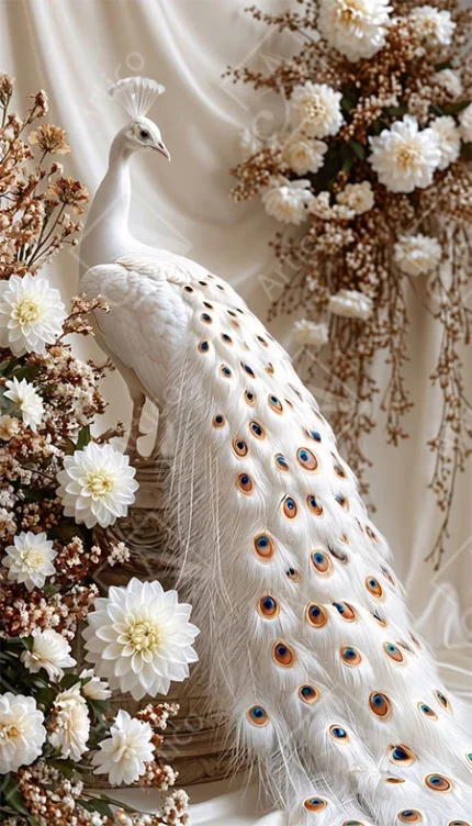White peacock among ivory flowers with a cascading patterned tail