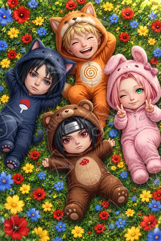 Naruto chibi characters in animal onesies among colorful meadow flowers