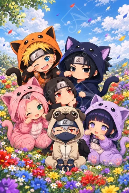 Naruto chibi characters in animal onesies under a bright blue sky