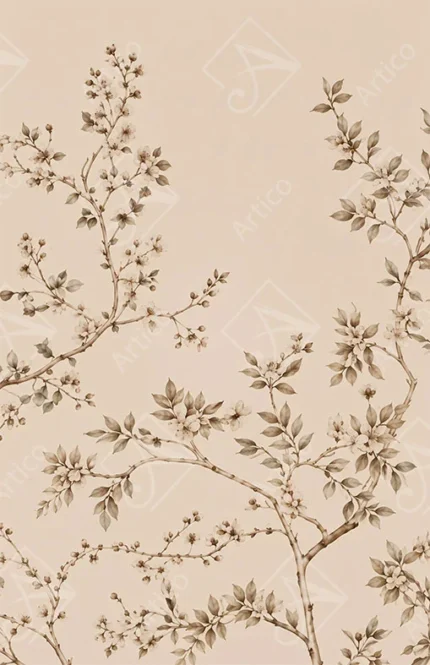 Flowering branches with ivory blossoms on a warm beige background