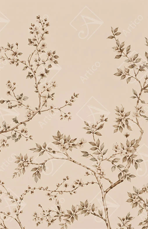 Flowering branches with ivory blossoms on a warm beige background