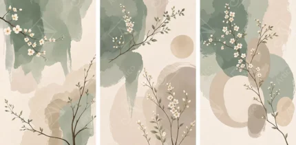 Botanical triptych with ivory blossoms and sage green abstract shapes