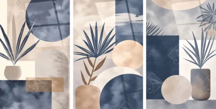 Abstract botanical triptych in navy and beige with geometric shapes