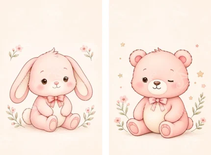 Pink bunny and teddy bear illustrations with bows and floral accents