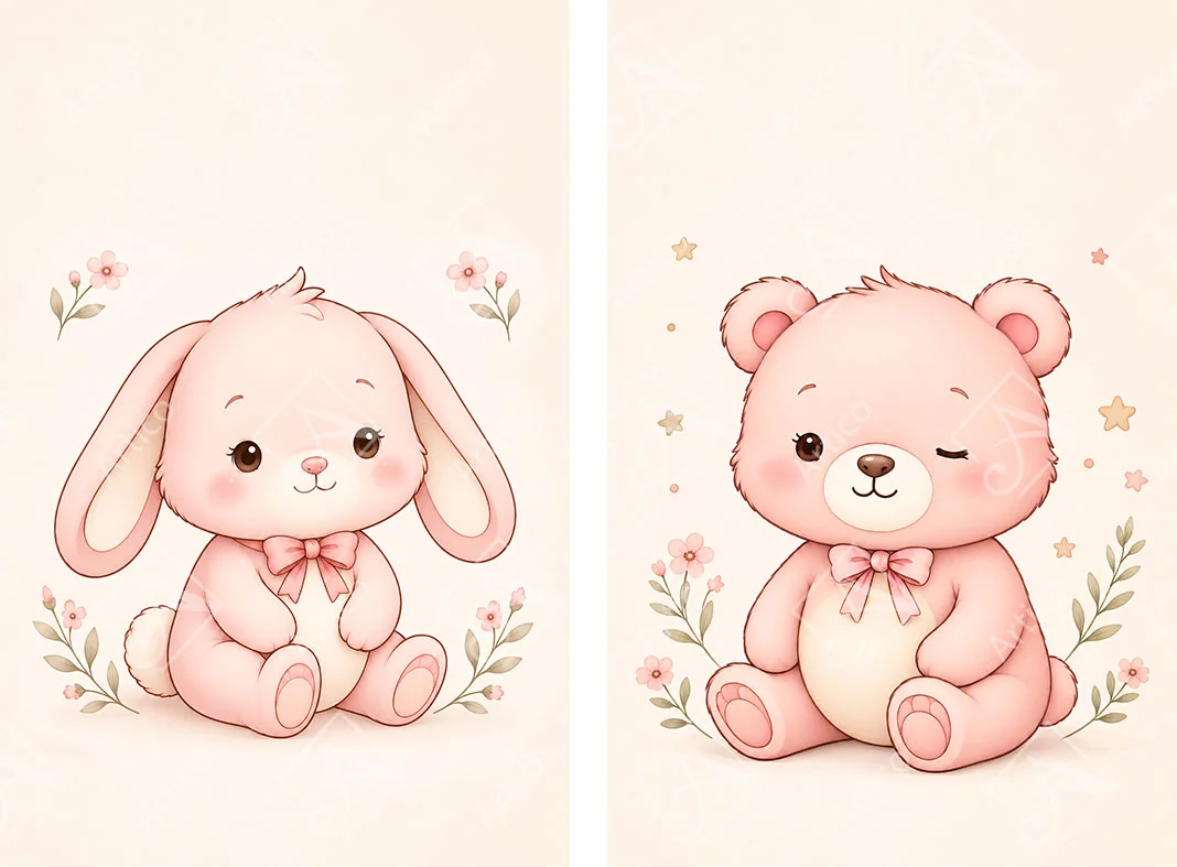 Pink bunny and teddy bear illustrations with bows and floral accents