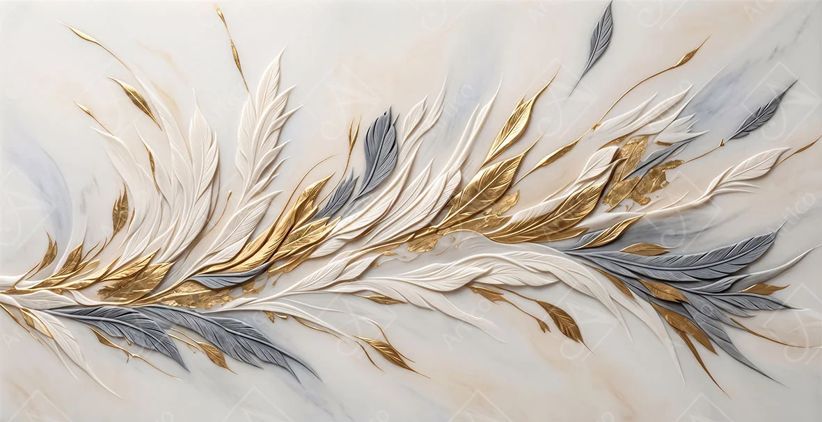 Sculptural white and gray feathers with gold accents on ivory