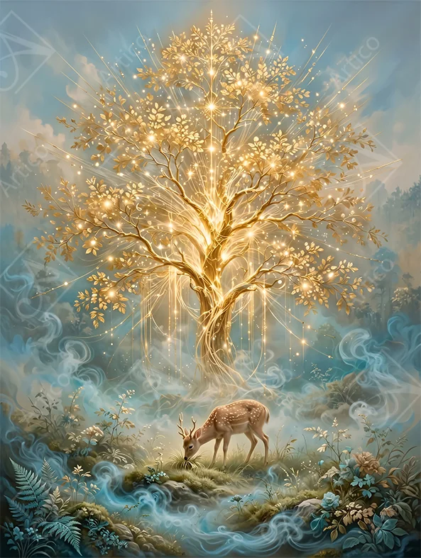 Glowing golden tree with a spotted deer in a misty forest