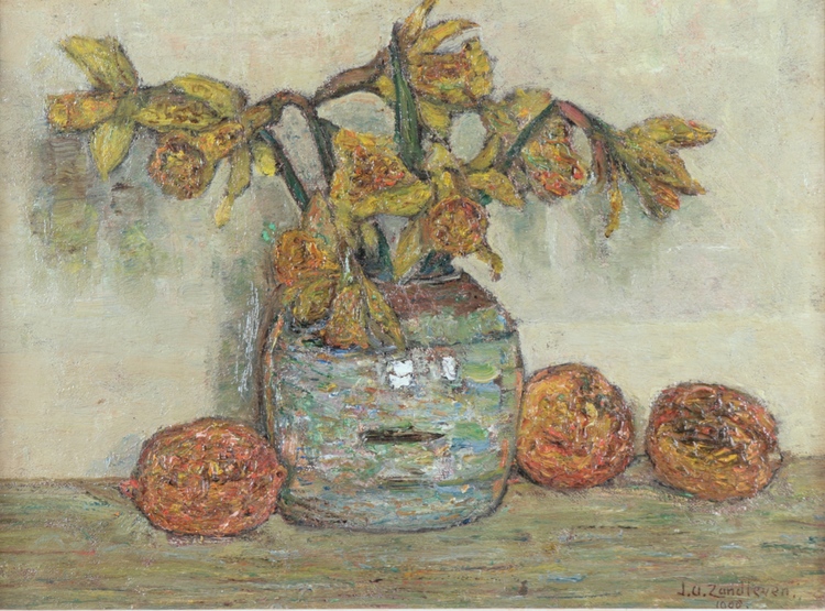 Still life with daffodils and lemons