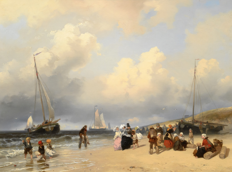 Flanerende figuren en vissersvolk op het strand te Scheveningen