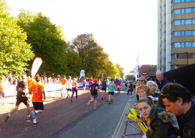 Runners approaching the finish of the Royal Parks Half Marathon in Hyde Park