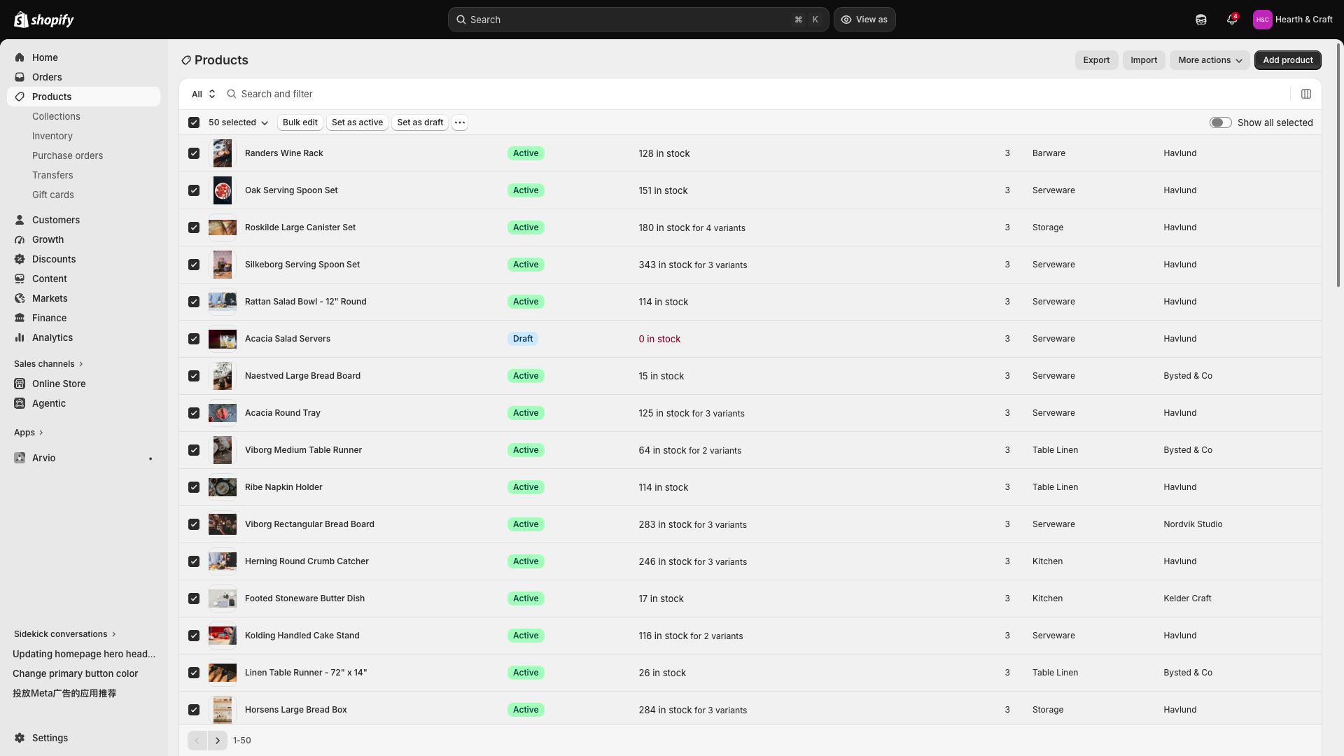 The same Products list with every row checked. An action bar has appeared reading "50 selected", followed by buttons for Bulk edit, Set as active and Set as draft