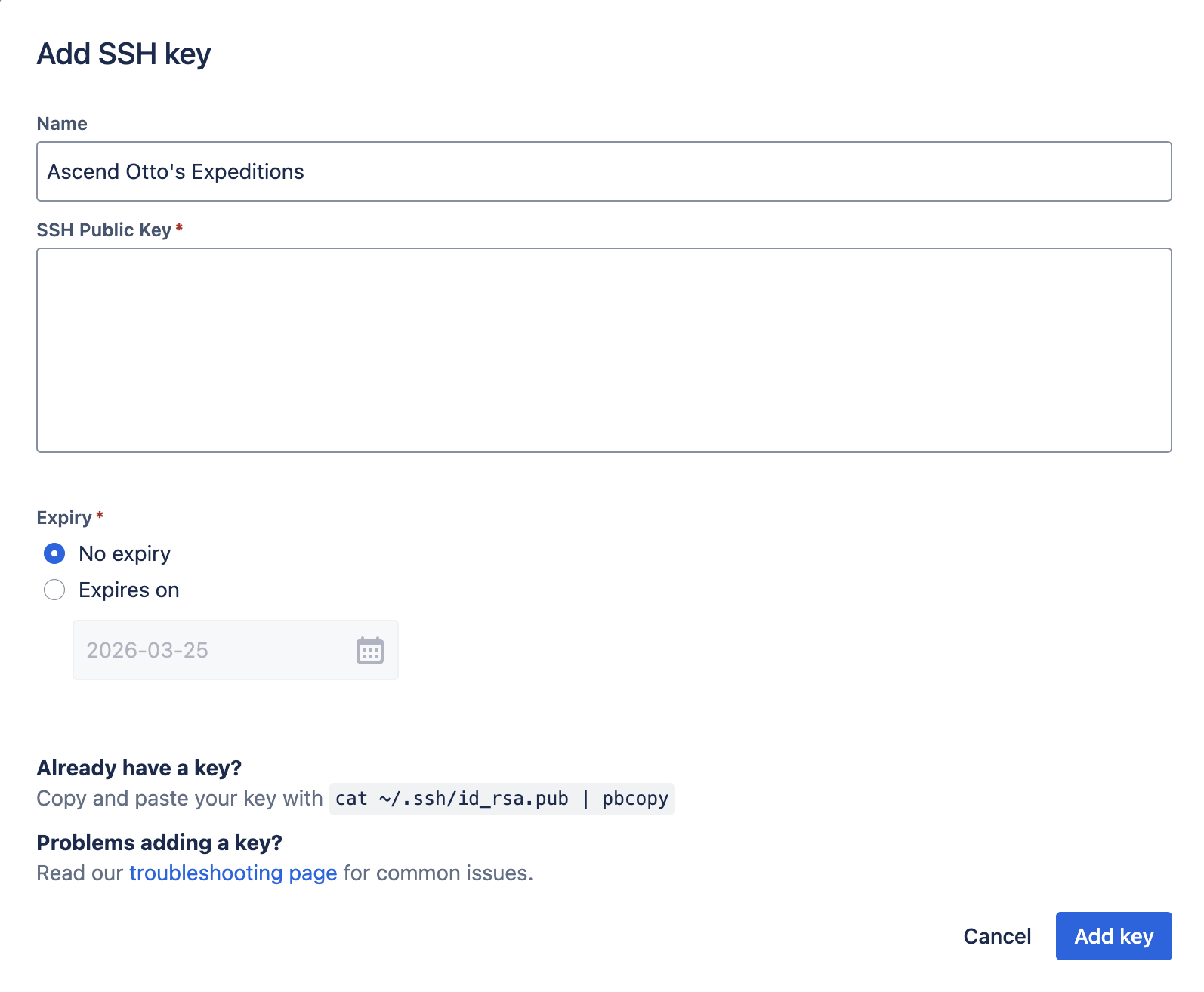 SSH key settings