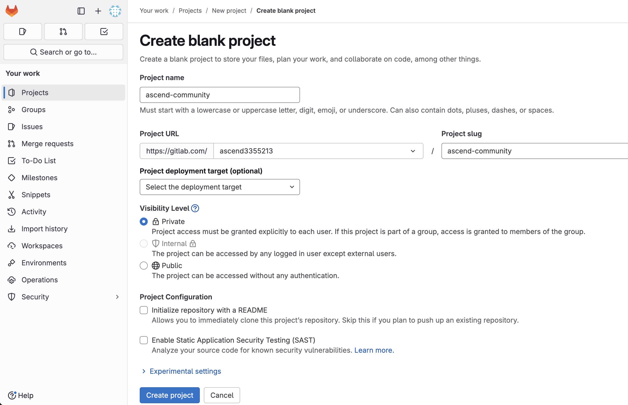 Setup Gitlab project