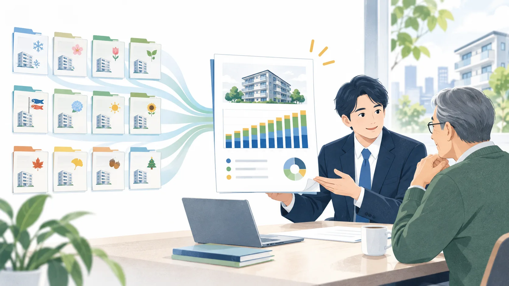 12か月の精算情報を一つの年間収支報告書にまとめ、オーナーへ説明するイラスト