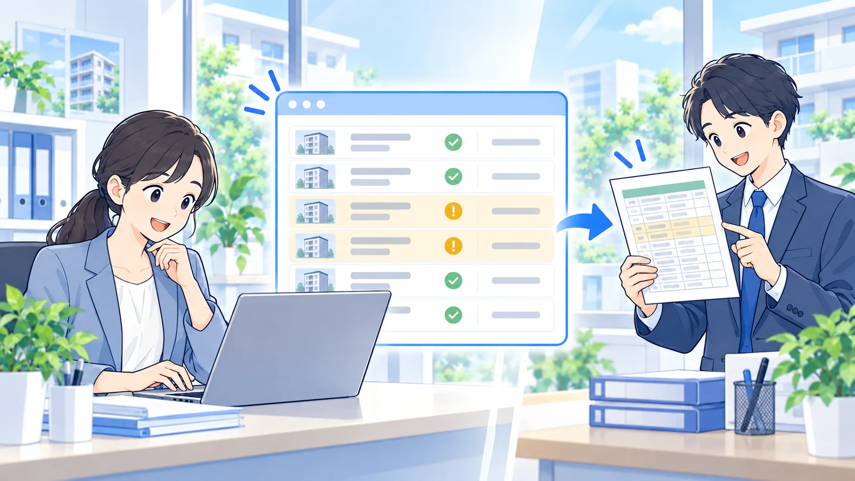 管理担当者が未入金の候補を確認し、Excel一覧にして共有するイラスト
