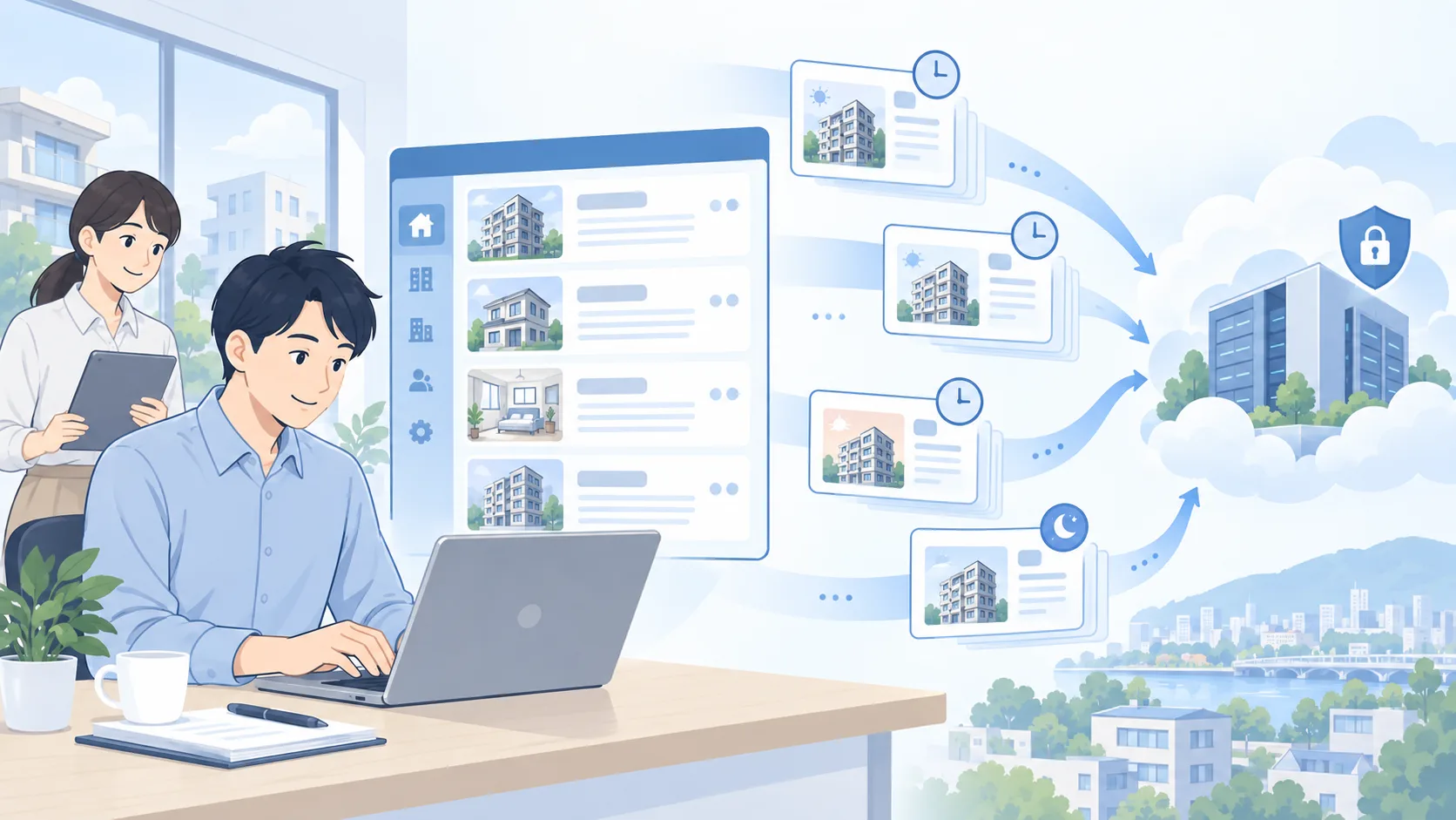 物件・契約の管理情報を複数の時点で保存し、離れた場所にも保管するイメージ