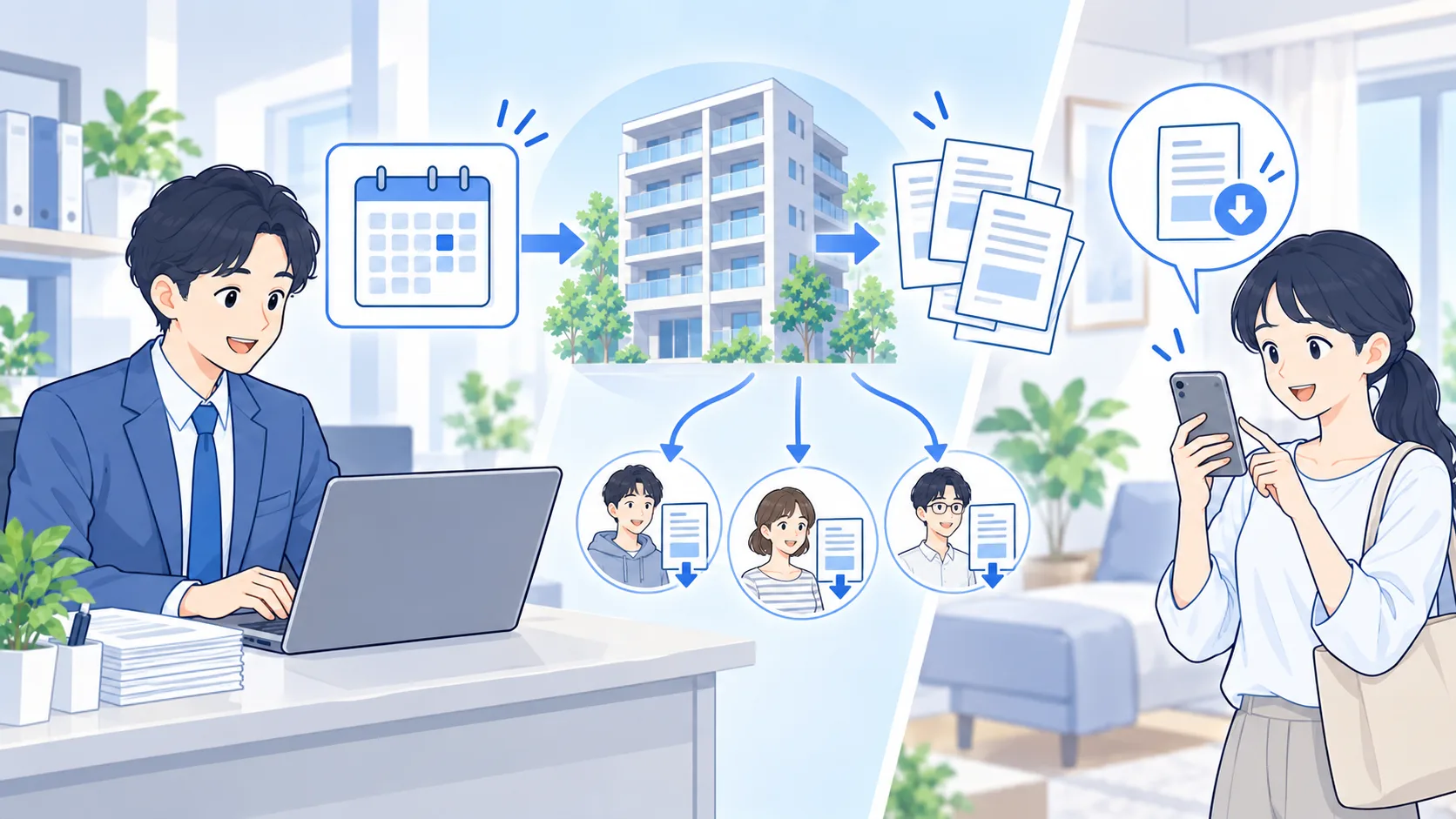 物件と対象月から複数の請求書を準備し、入居者がスマートフォンで確認するイラスト