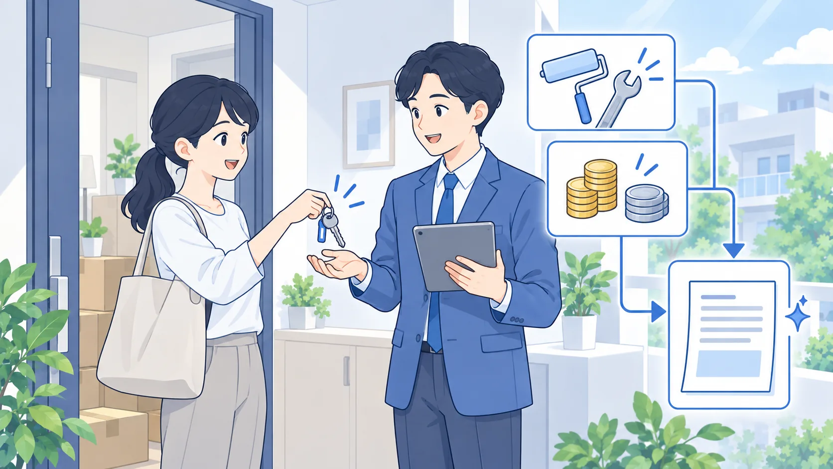管理担当者が退去時の鍵、書類、精算情報を確認するイラスト