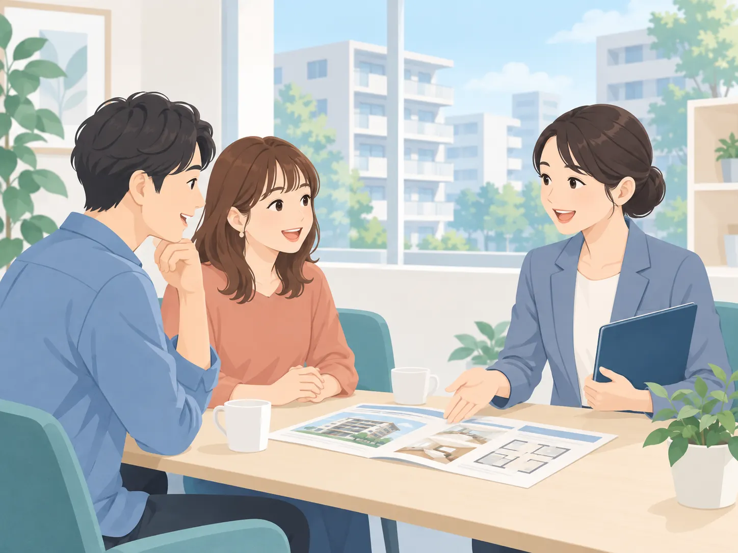 賃貸管理の担当者がお客様に物件を案内するイラスト