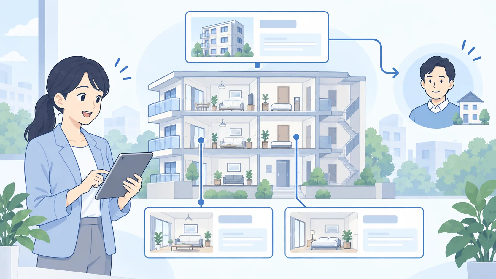 建物マスタから各部屋と所有オーナーへ情報がつながるイラスト