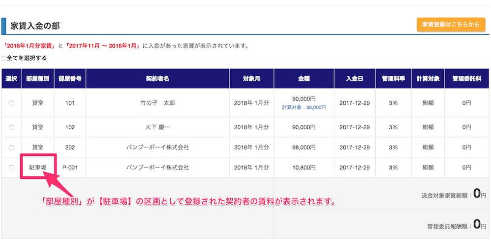 駐車場賃料が家賃入金の部に表示されない場合