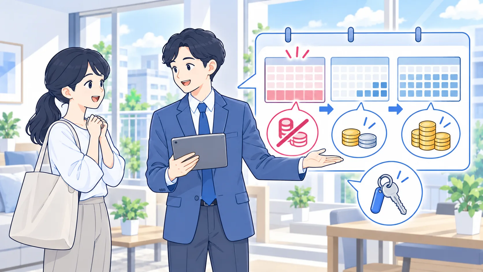 フリーレント期間と通常家賃に移る月をカレンダーで確認する管理担当者と入居者のイラスト